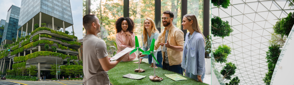 A collage of eco-friendly architecture, a sustainability discussion group, and an indoor green space with vertical gardens.