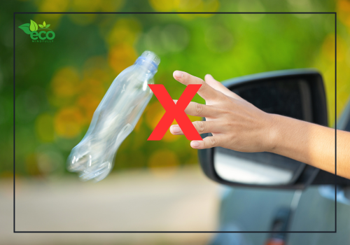 A plastic bottle being littered from a car window with a red "X" symbol indicating it is wrong.