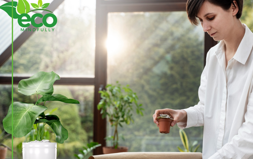 A woman in a white shirt potting a small plant indoors with eco-friendly decor and plants around.